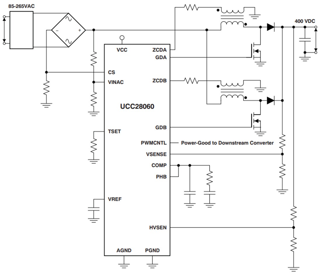 Application Circuit Diagram - Texas Instruments UCC28060 Single-Chip, PFC Controller