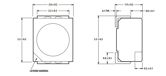 Mechanical Drawing - Broadcom OneWhite Surface-Mount PLCC-2 LED Indicators
