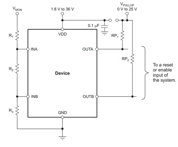 Application Circuit Diagram - Texas Instruments TPS3701 36V Window Comparator