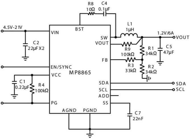 Application Circuit Diagram - Monolithic Power Systems (MPS) MP8865 Step-Down Converters