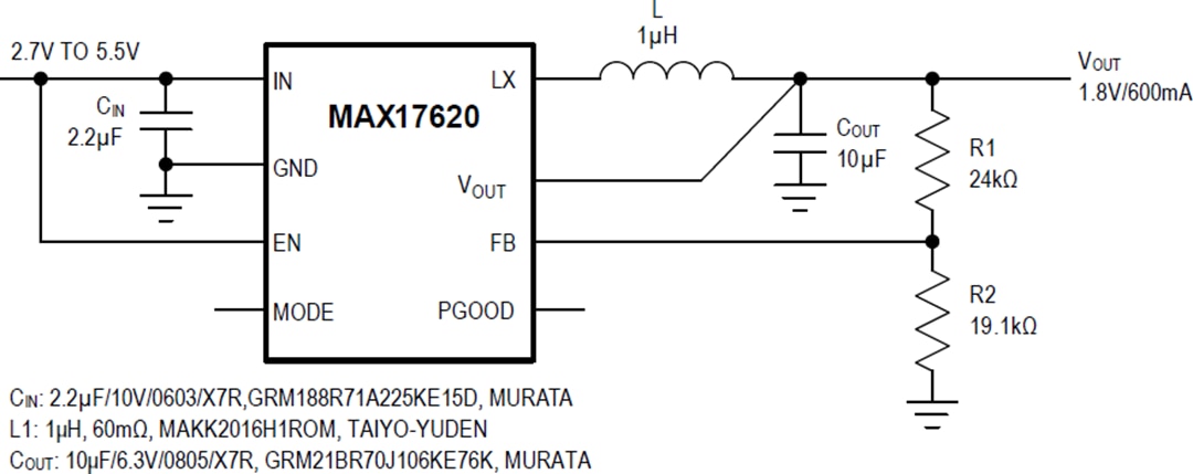 Application Circuit Diagram - Analog Devices / Maxim Integrated MAX17620 Synchronous Step-Down DC-DC Converter