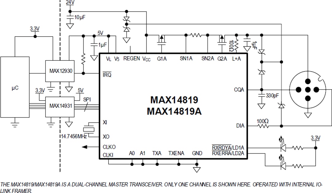 Application Circuit Diagram - Analog Devices / Maxim Integrated MAX14819/A Dual IO-Link Master Transceivers