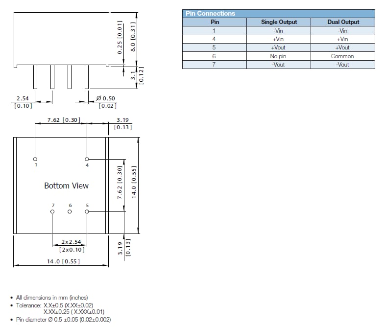 Mechanical Drawing - Advanced Energy / Artesyn AYA 2W Isolated DC-DC Converters
