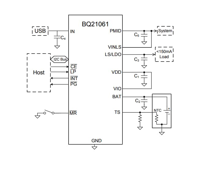 Schematic - Texas Instruments bq21061 Battery Charge Management IC