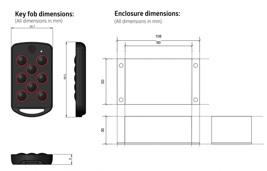 Mechanical Drawing - RF Solutions FOBLOQF FM Keeloq™ Remote Control System