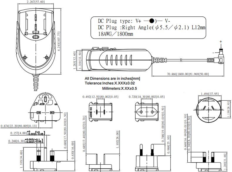 Mechanical Drawing - Cincon TRG30R V Series Switching Adapters
