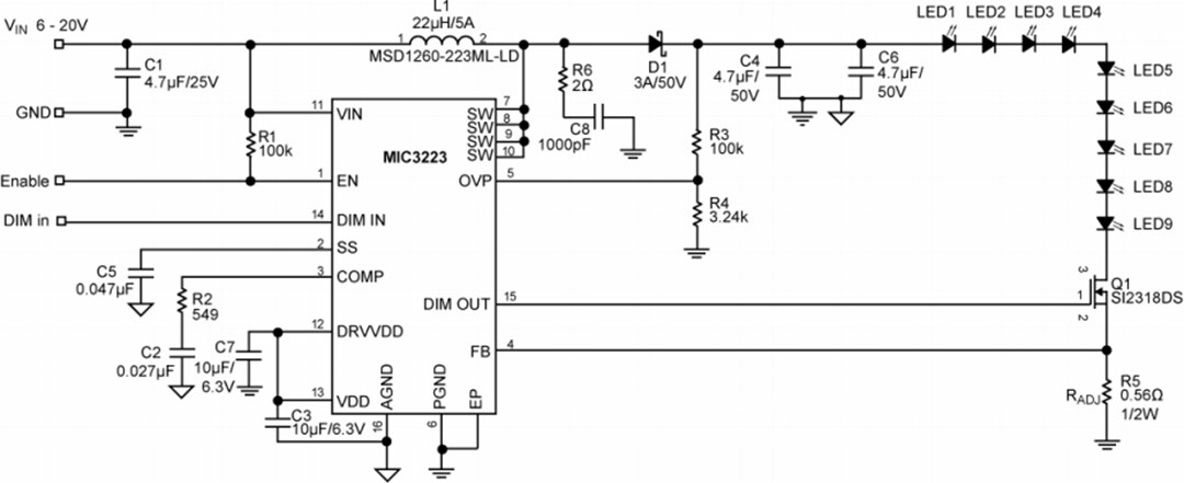 Application Circuit Diagram - Microchip Technology MIC3223 High Power Boost LED Driver