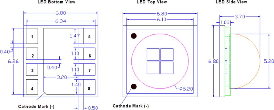 Mechanical Drawing - Inolux IN-C68QAxTM Ultraviolet UVA LEDs