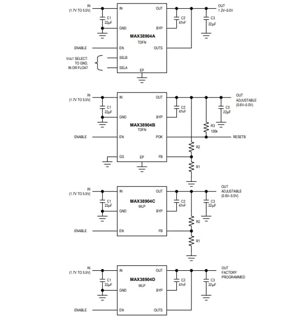 Application Circuit Diagram - Analog Devices / Maxim Integrated MAX38904A/B/C/D Linear Regulators