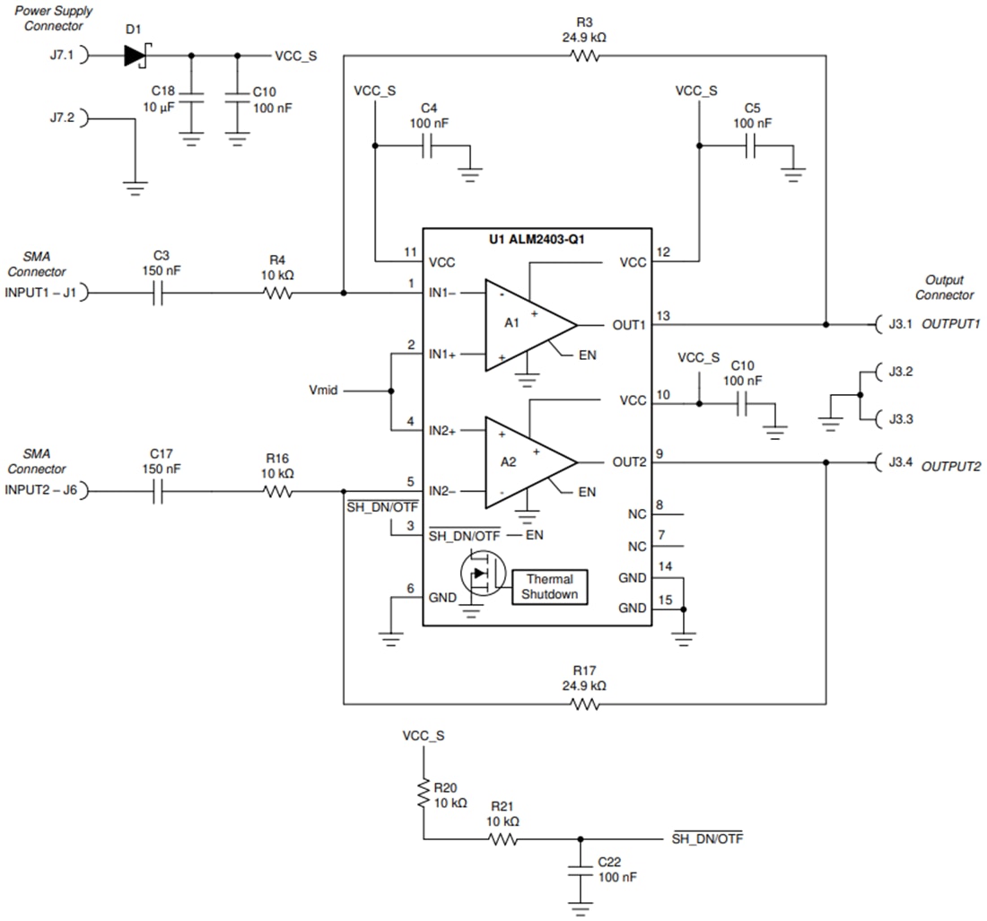 Schematic - Texas Instruments ALM2403Q1EVM Op Amp Evaluation Module (EVM)