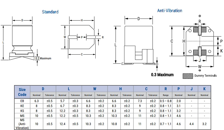 Mechanical Drawing - KEMET A768 125°C Aluminum Polymer Capacitors