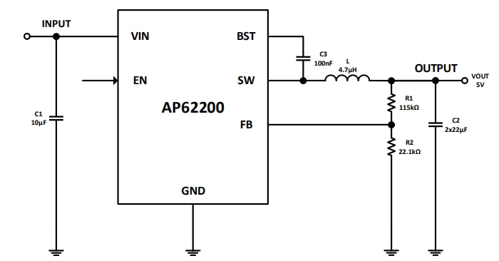 Application Circuit Diagram - Diodes Incorporated AP62200 Synchronous Buck Converter