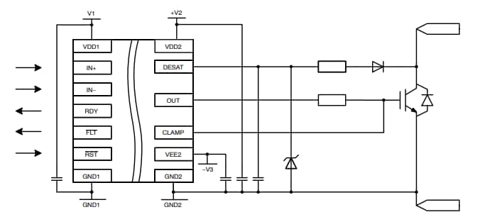 Application Circuit Diagram - onsemi NCD57001FDWR2G Isolated IGBT Gate Drivers