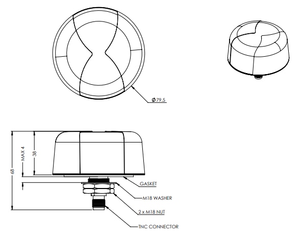 Mechanical Drawing - Maxtena M1590HCT-LP-SM Inmarsat Hole Mount Antenna