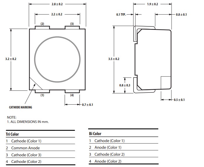 Mechanical Drawing - Broadcom HSMF LED Indicators