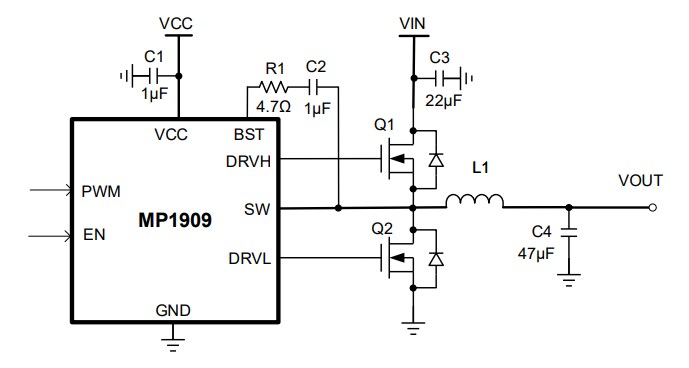 Application Circuit Diagram - Monolithic Power Systems (MPS) MP1909 Half-Bridge Gate Drivers