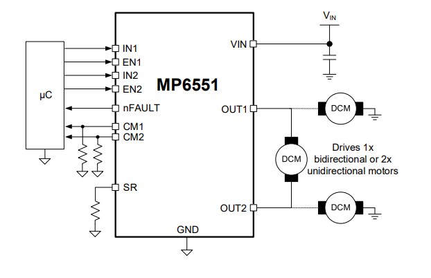 Application Circuit Diagram - Monolithic Power Systems (MPS) MP6551 14V 5A H-Bridge Motor Drivers