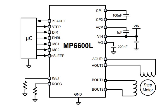Application Circuit Diagram - Monolithic Power Systems (MPS) MP6600L 35V, 1.5A Stepper Motor Driver