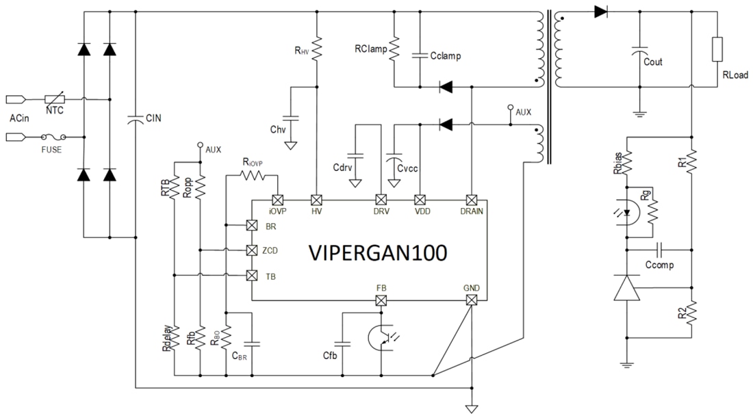 Application Circuit Diagram - STMicroelectronics VIPerGaN100 Offline High Voltage Converters