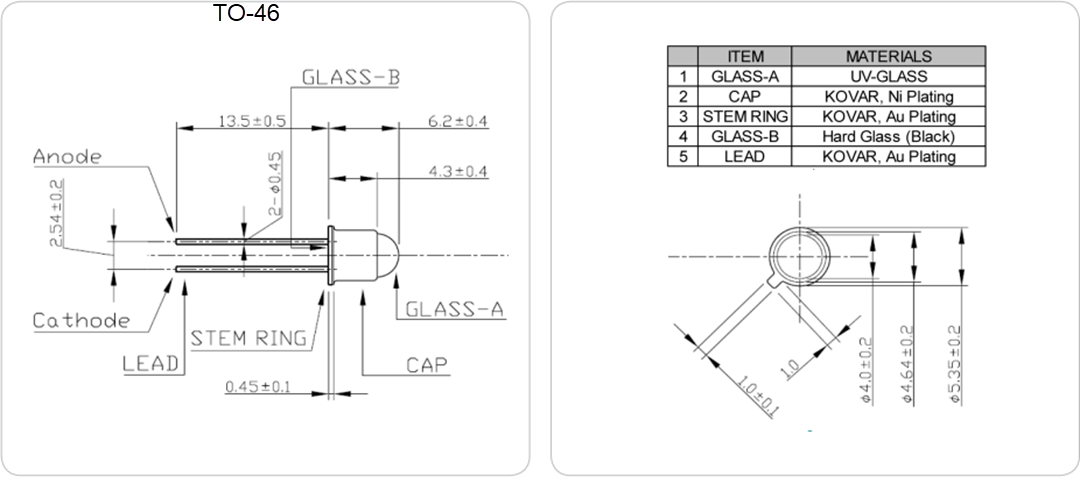 Mechanical Drawing - Marktech Optoelectronics Metal Can UV-A & UV-B Emitters