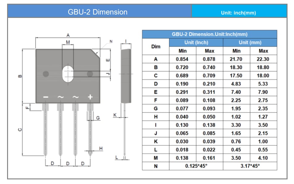 Mechanical Drawing - PANJIT GBU Glass Passivated Bridge Rectifiers