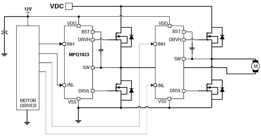 Application Circuit Diagram - Monolithic Power Systems (MPS) MPQ1923-AEC1 Half-Bridge Gate Drivers