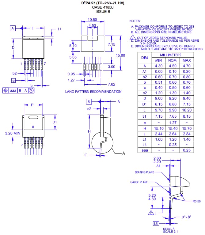 Mechanical Drawing - onsemi NVBG070N120M3S Silicon Carbide (SiC) MOSFET
