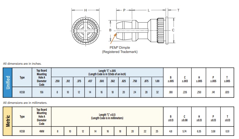 Mechanical Drawing - PEM KSSB Broaching SNAP-TOP® Standoffs