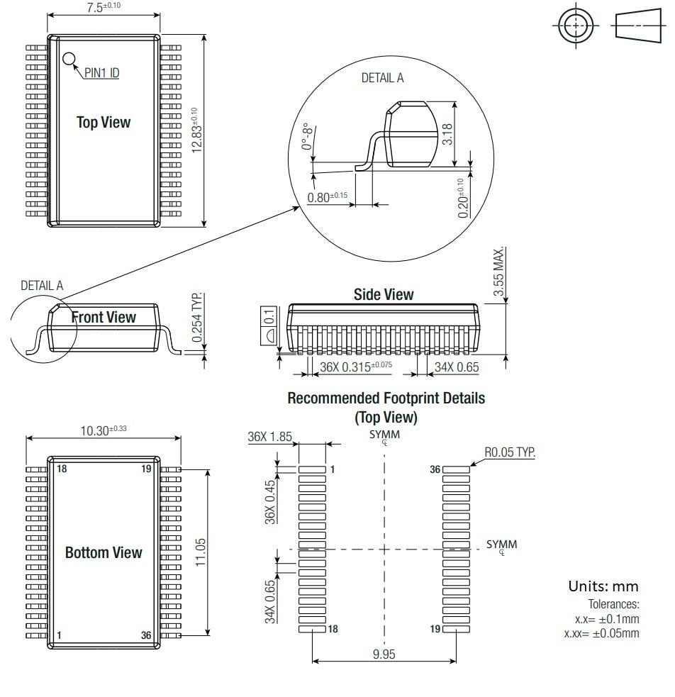 Mechanical Drawing - RECOM Power R12C2T25/R 2.5W Isolated DC/DC Converters