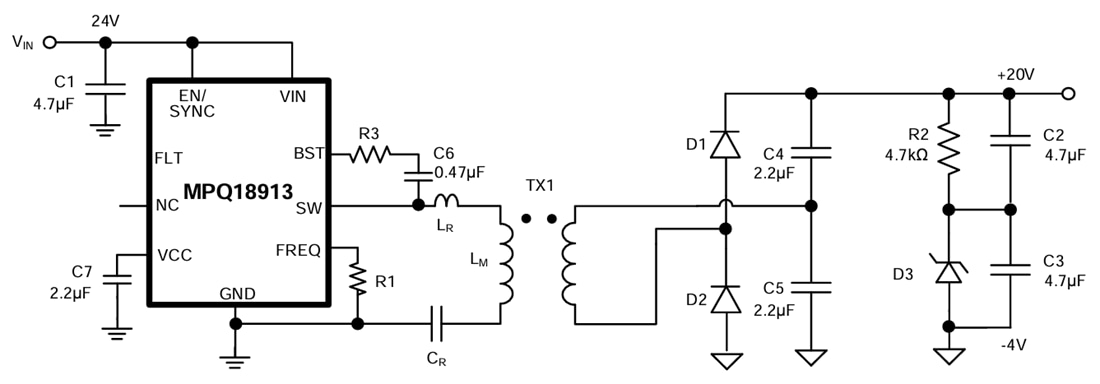 Application Circuit Diagram - Monolithic Power Systems (MPS) MPQ18913 High-Frequency Transformer Driver