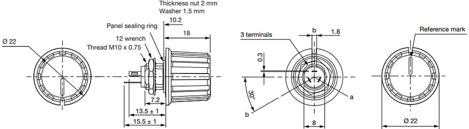 Mechanical Drawing - Vishay / Sfernice P16FNP Cermet Knob Potentiometers