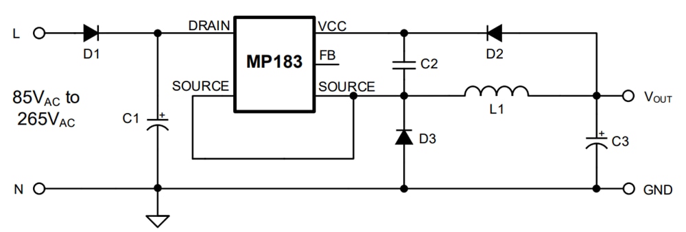 Application Circuit Diagram - Monolithic Power Systems (MPS) MP183 Zero Standby Buck Regulator
