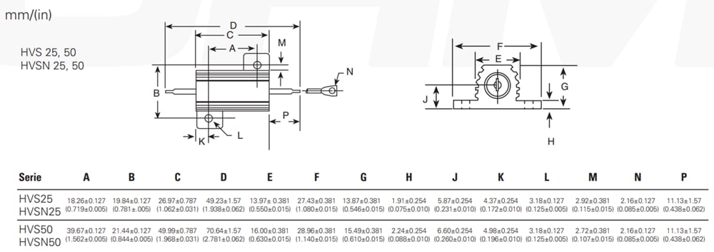 Mechanical Drawing - Ohmite HVS Aluminum-Housed Resistors