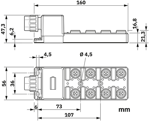 Mechanical Drawing - Phoenix Contact M12 Push-Pull Sensor/Actuator Boxes (SACBs)
