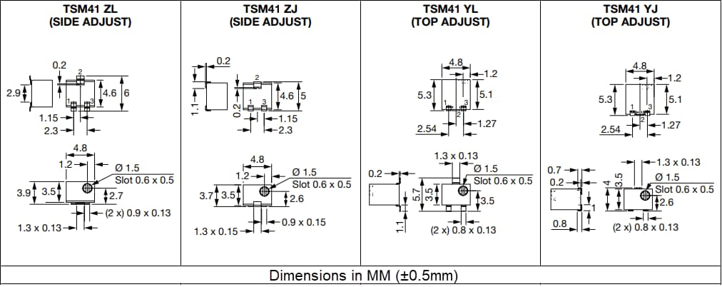 Mechanical Drawing - Vishay / Sfernice TSM41 4mm Square SMT Miniature Trimmers
