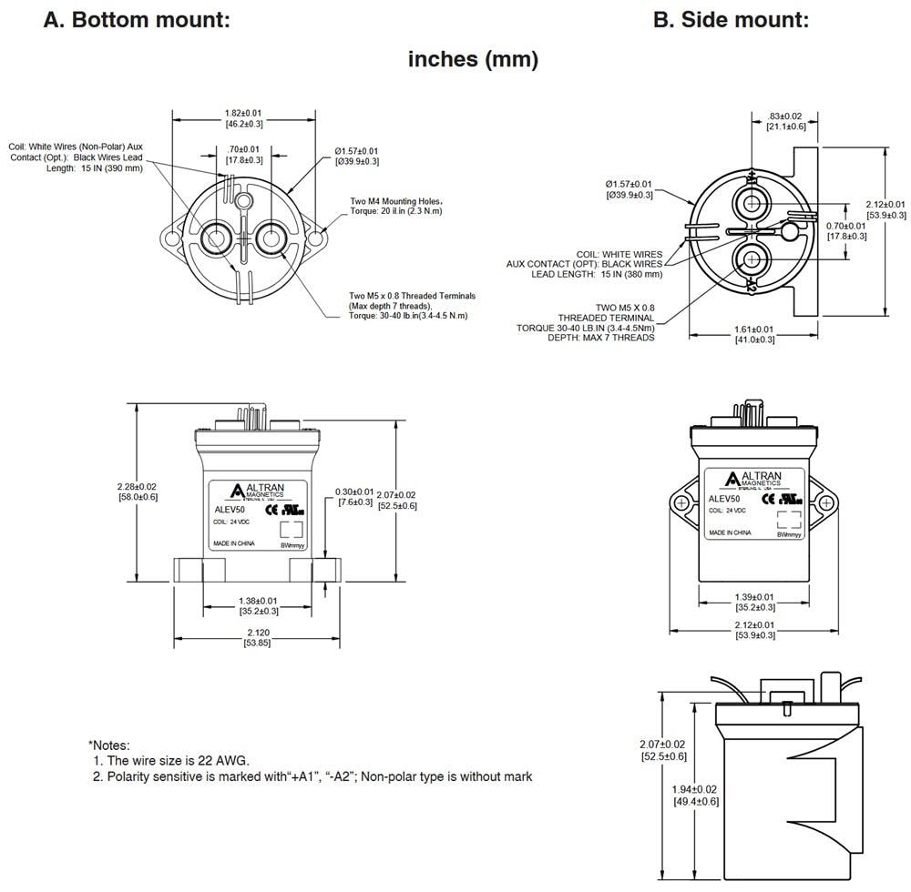 Mechanical Drawing - Altran Magnetics ALEV50 High-Voltage DC Contactors