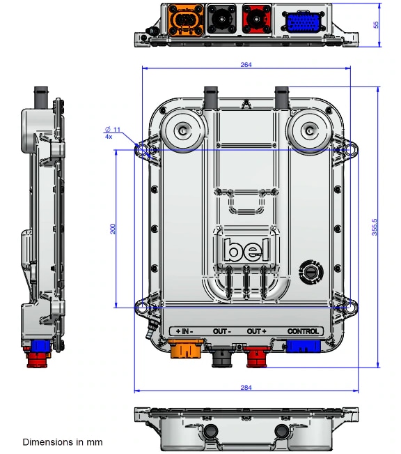 Mechanical Drawing - Bel Power Solutions eMobility 2nd Gen Liquid-Cooled DC-DC Converters