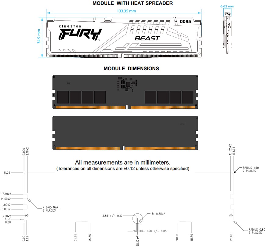 Mechanical Drawing - Kingston FURY Beast DDR5 Memory Modules