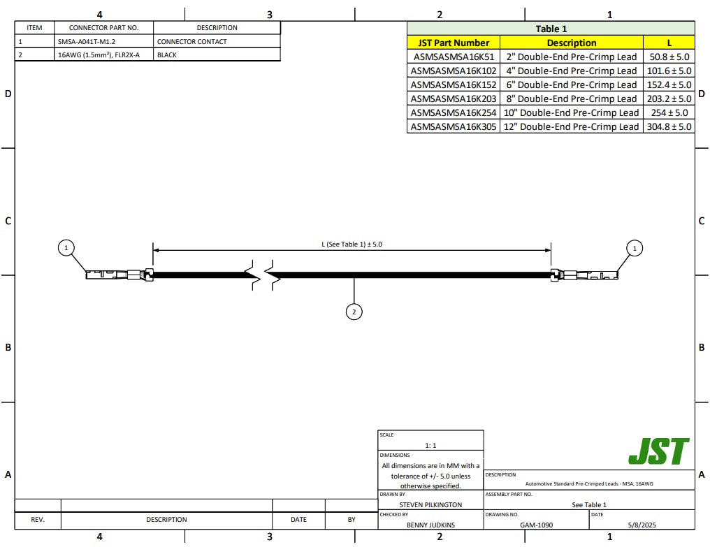 Mechanical Drawing - JST Connectors MSA Automotive Rectangular Cable Assemblies