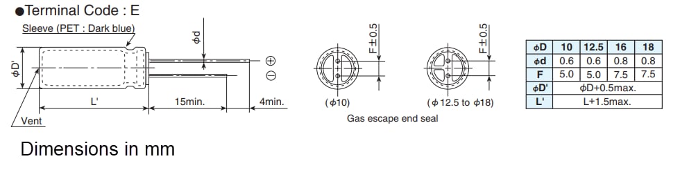 Mechanical Drawing - Chemi-Con LXZ Aluminum Electrolytic Capacitors