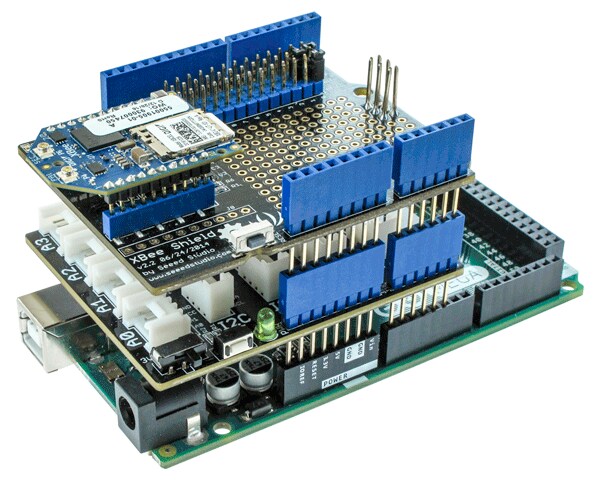 Arduino Mega, Sensor Shield, XBee shield, and DIGI LTE Module stacked