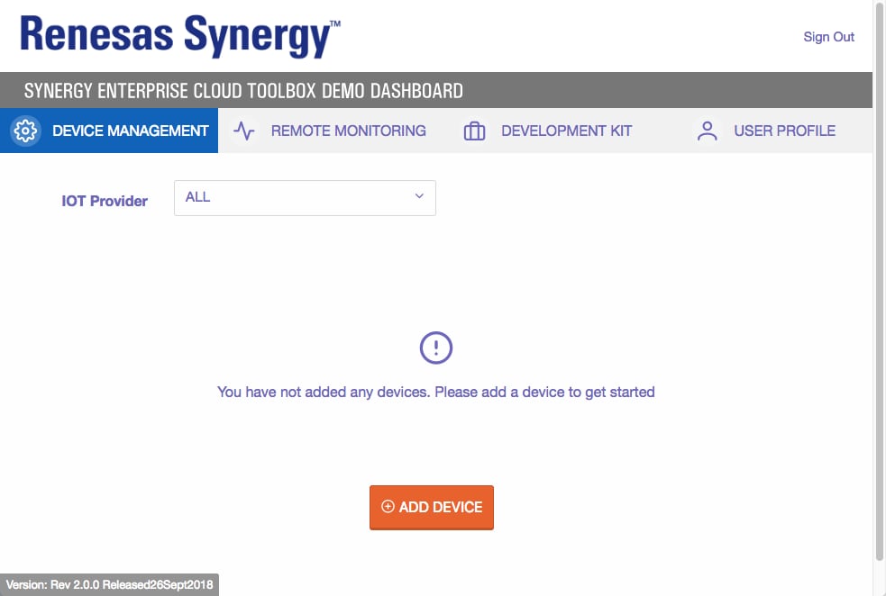 Use the Device Management tab to add your device to the Synergy Enterprise Cloud Toolbox Demo Dashboard to process and monitor incoming sensor data.