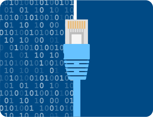 an animation of lightning bolts on the right, and binary code on the left with an ethernet cord in the center